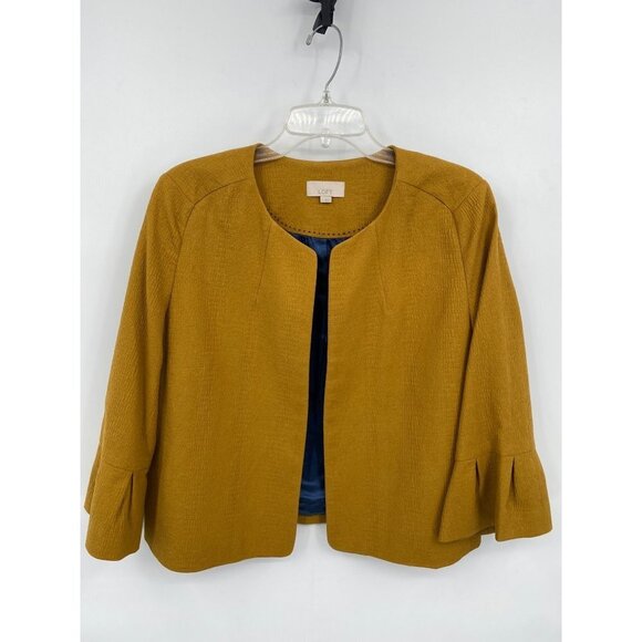Loft Womens Open Front Blazer Size Large Bell Sleeves Mustard Yellow Stretch - Picture 1 of 11